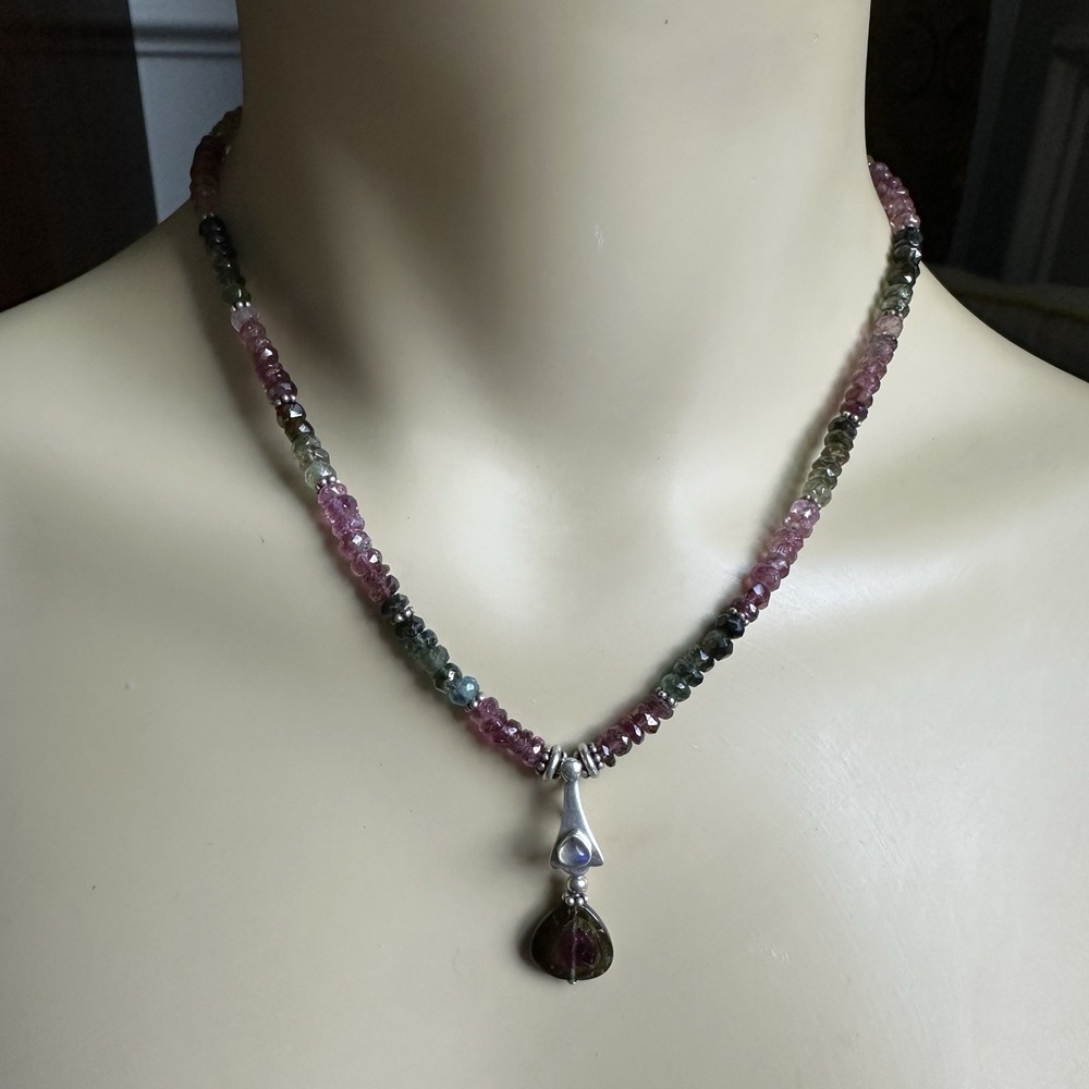 VTG Artisan Pendant Necklace 16 Inch Natural Tourmaline Beads 925 Sterling 18.5g